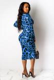 Светло-голубой OL Fashion для взрослых с короткими рукавами и длинными рукавами V-образным вырезом Ступенчатая юбка до середины икры с леопардовым принтом