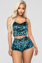 Blue Polyester adult Fashion Sexy backless Patchwork Two Piece Suits Print Leopard Straight Sleeveless  T