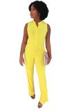 Yellow Fashion Sexy Solid Patchwork Sleeveless O Neck Jumpsuits