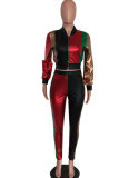 Multi-color PU Elastic Fly Long Sleeve Mid Patchwork pencil Pants Two-piece suit