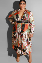 многоцветный сексуальный отложной воротник с принтом драпированные платья больших размеров