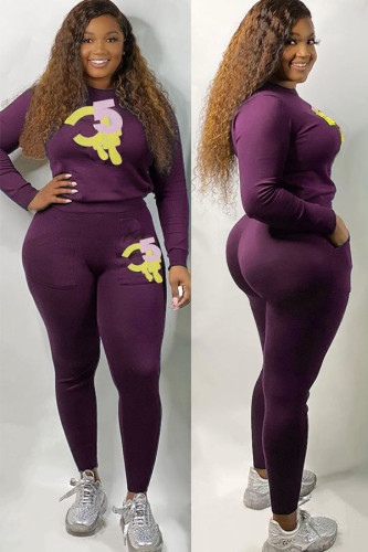 purple Active Solid Two Piece Suits Print Patchwork pencil Long Sleeve