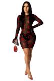Noir adulte Sexy mode manches longues col rond étape jupe Mini Ombre perspective Patchw