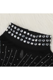 Black Sexy Tank Sleeveless Turtleneck Hip skirt Knee-Length diamonds Patchwork Solid Print Club Dr