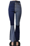 Azul bebê Street sólido borla patchwork cintura média jeans regular