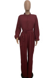 Wine Red street Solid Button Long Sleeve O Neck