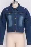 Blue Turndown Collar Old Slim fit Patchwork washing Button Solid The cowboy Pure Long Sleeve Denim jacke