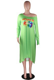 Grass Green adult Fashion Sexy One Shoulder Long Sleeves one shoulder collar Swagger Mid-Calf Print Ch