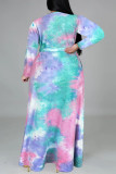 Lila, grünes, modisches, lässiges, Batik-V-Ausschnitt, langärmliges Kleid in Übergröße
