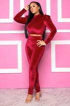 Wine Red adult Casual Fashion Two Piece Suits Solid Patchwork pencil Long Sleeve Two-piece Pants S