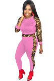 ピンク カジュアル ツーピース スーツ ヒョウ パッチワーク 鉛筆 長袖 ツーピース パンツ セット