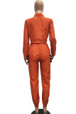 Orange Casual tvådelade kostymer Solid Patchwork penna Långärmad tvådelad byxuppsättning