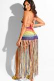 Rainbow color backless Knit Tassel bandage Hooded Out Tankinis Set