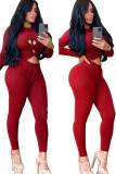 Red Sexy Patchwork HOLLOWED OUT Solid Two Piece Suits pencil Long Sleeve Two-piece Pants Set
