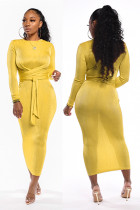 Желтое уличное модное платье-карандаш с длинными рукавами и круглым вырезом для взрослых, однотонное бандажное платье до середины икры