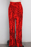 Red Drawstring Mid Patchwork Print Loose Pants Pants