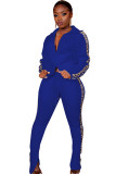 Set di pantaloni a due pezzi casual blu a due pezzi patchwork tinta unita a maniche lunghe larghe