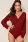 Wine Red Fashion Sexy Solid Milk. Long Sleeve V Neck 