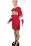 Robes mini jupe crayon à manches longues et col rond en patchwork imprimé quotidien rouge