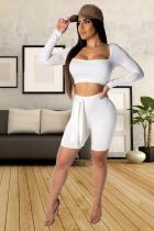 White Sexy Fashion crop top Solid backless Skinny  Two-Piece Short Set