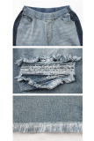 Pantaloni a matita patchwork di lavaggio tinta unita, senza maniche, elasticizzati, in denim azzurro