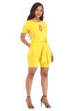 Yellow Sexy Fashion bandage Patchwork Solid Hollow Short Sleeve O Neck 