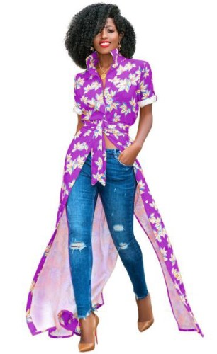purple Fashion O-Neck Regular Short Print Long Blouses & Shirts