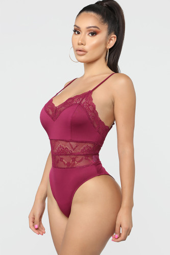 Wine Red Sexy Solid lace Sleeveless Slip Playsuits