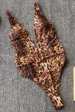 Leopardo estampado sólido assimétrico moda sexy roupa de banho de uma peça