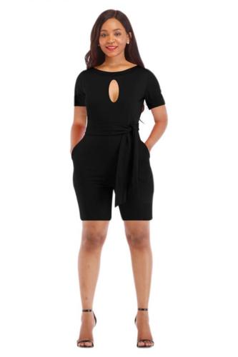 Black Sexy Fashion bandage Patchwork Solid Hollow Short Sleeve O Neck 