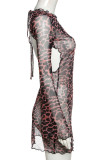 Leopard print Street Print Patchwork Backless O Neck Long Sleeve Mini Pencil Skirt Dresses
