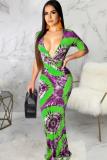 rose rouge Sexy Fashion Cap Sleeve Manches courtes V Neck A-Line Floor-Length Patchwork Print