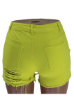 Pantaloncini corti dritti solidi con foro patchwork senza maniche con bottone in denim giallo