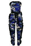 Pantalones de lápiz de camuflaje de patchwork con cordón azul, monos y rompers