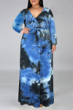 Robe bleu profond mode décontracté imprimé tie-dye col en V manches longues grande taille