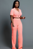 ピンク ファッション 大人の軽く調理されたツーピース スーツ ボタン ソリッド ストレート 半袖 ツーピース