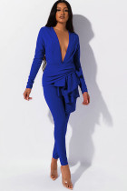 Royal blue Polyester Sexy asymmetrical Solid Two Piece Suits ruffle Patchwork pencil Long Sleeve  Two-piece Pan