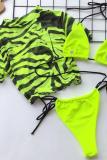 Fluorescerande grönt nylontryck Ett tredelat Patchwork för vuxna Mode Sexiga Bikinis Set