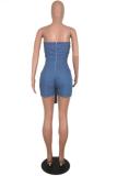Blue Sexy Fashion zipper Hollow bandage Solid Sleeveless Wrapped Rompers