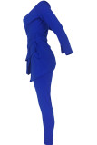 Королевский синий сексуальный асимметричный однотонный костюм-двойка с рюшами в стиле пэчворк-карандаш с длинным рукавом из двух частей Пан