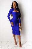 Royal blue adult Sexy Fashion Cap Sleeve Long Sleeves Half-Open collar Step Skirt Knee-Length lace ho