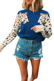 Blue O Neck Long Sleeve Animal Prints Solid Patchwork