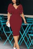 Красное вино, модное сексуальное платье с короткими рукавами и V-образным вырезом, тонкое платье до колен
