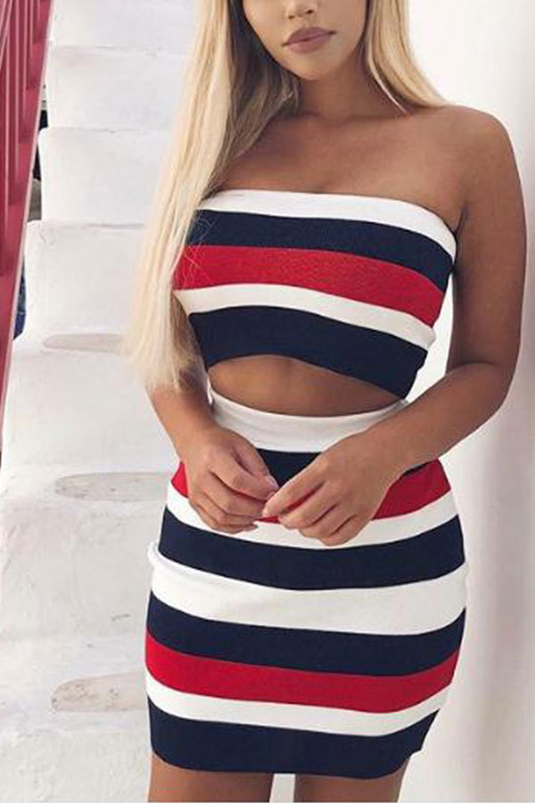 Multi-color Fashion Sexy Off The Shoulder Sleeveless Wrapped chest Step Skirt Mini Striped Two Piece Dresses