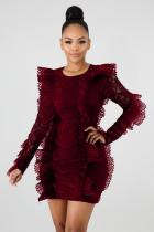 Wine Red Spandex Fashion Cap Sleeve Long Sleeves O neck Step Skirt Mini lace 