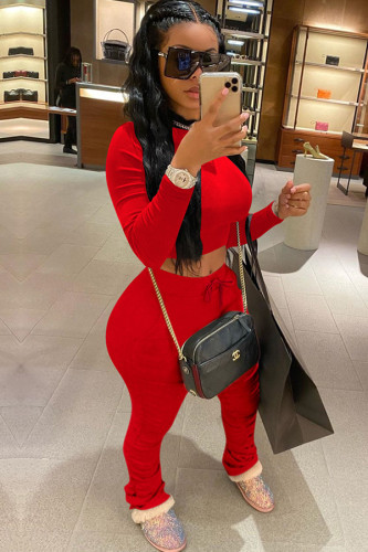 Red knit Sexy Fashion Patchwork Two Piece Suits Solid Straight Long Sleeve 
