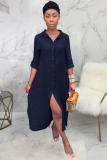 Navy Blue Fashion Cap Sleeve Long Sleeves Cardigan Turndown Collar Swagger Mid-Calf Solid fastener s