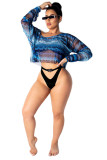 Blue Mesh crop top Patchwork Fashion Sexy adult Cover-Ups & Beach Dresses