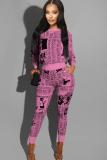 Rosa vuxen Casual Mode Print Patchwork Tvådelad kostymer penna Långärmad