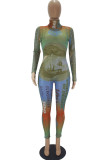 Grönt mode Sexigt Gaze Patchwork Print Genomskinlig Half A Turtleneck Skinny Jumpsuits